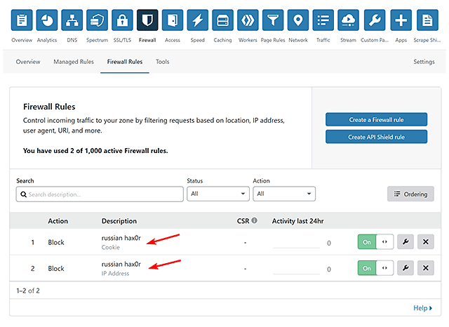 After you create a rule, you're taken back to the main firewall page. You can create additional rules from here, and you can see a list of your existing rules at the bottom, where you can edit or delete them.