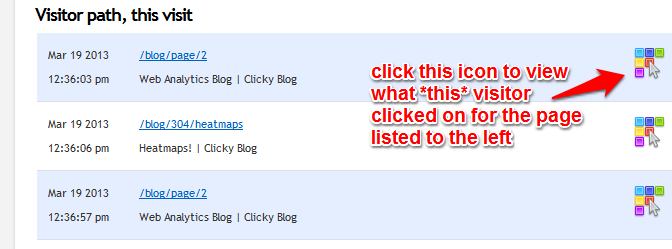 Click the heatmap icon next to any page view in a visitor session report to view the heatmap for that visitor for that specific page