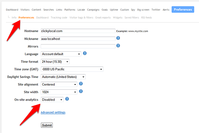 Click the preferences sub-tab, then use the drop down box to disable the on-site analytics widget for this site. Submit the form and the change will take effect within an hour.